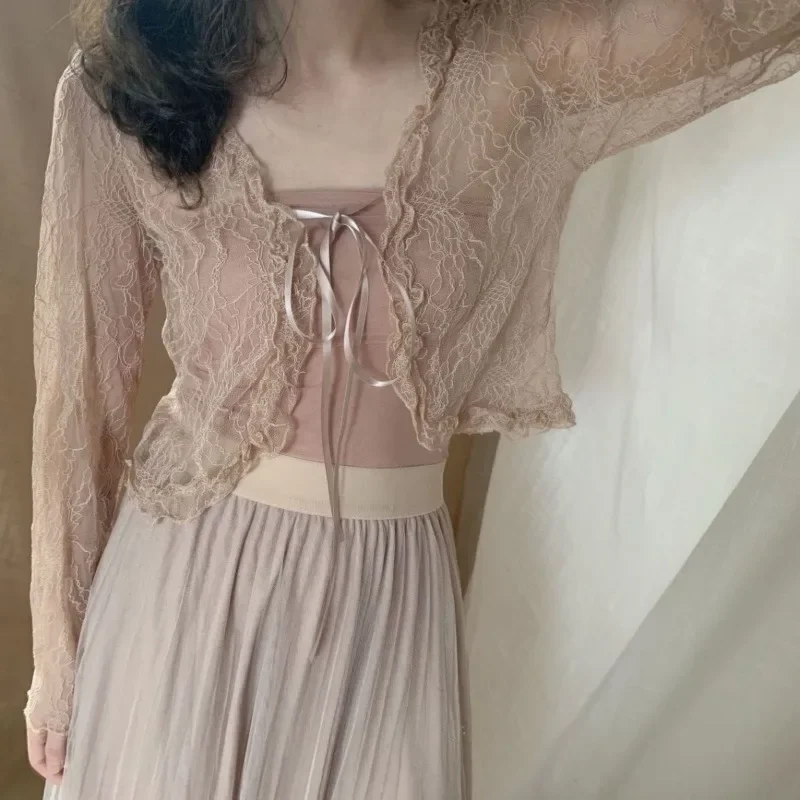 Vintage Lace Transparent Blouses Woman Coquette Sweet Short Shirt Casual Loose Cardigan Summer Korean Fashion Aesthetic