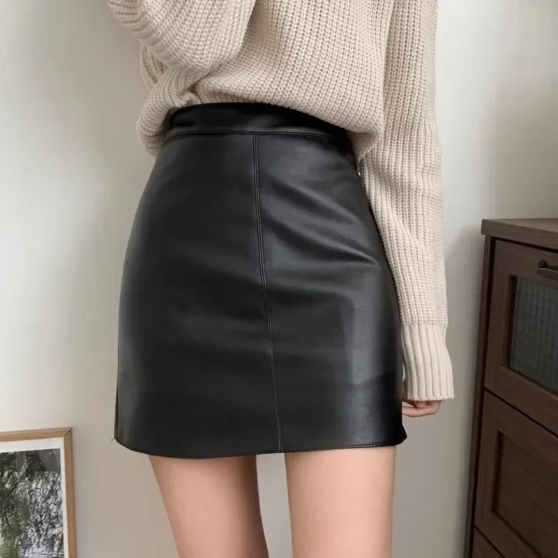 Pop Versatile Slimming Short Skirt Women's A- Line Black Leather Trousers Smooth Out Your Silhouette For Autumn/winter