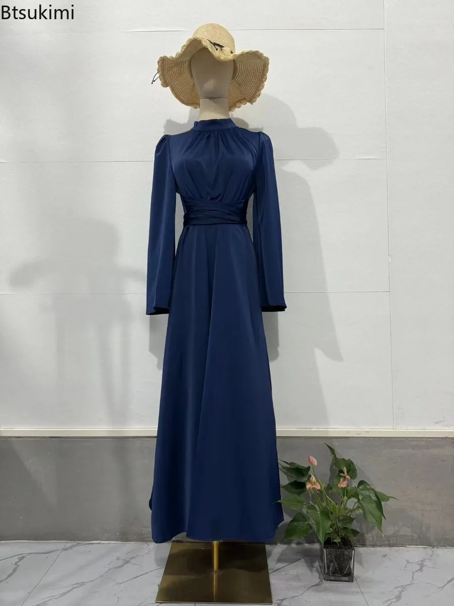 2025年春新作 レディース サテン ロングドレス ファッション エレガント ハイネック 長袖 レースアップ ドレス セクシー スリム パーティー イブニングドレス