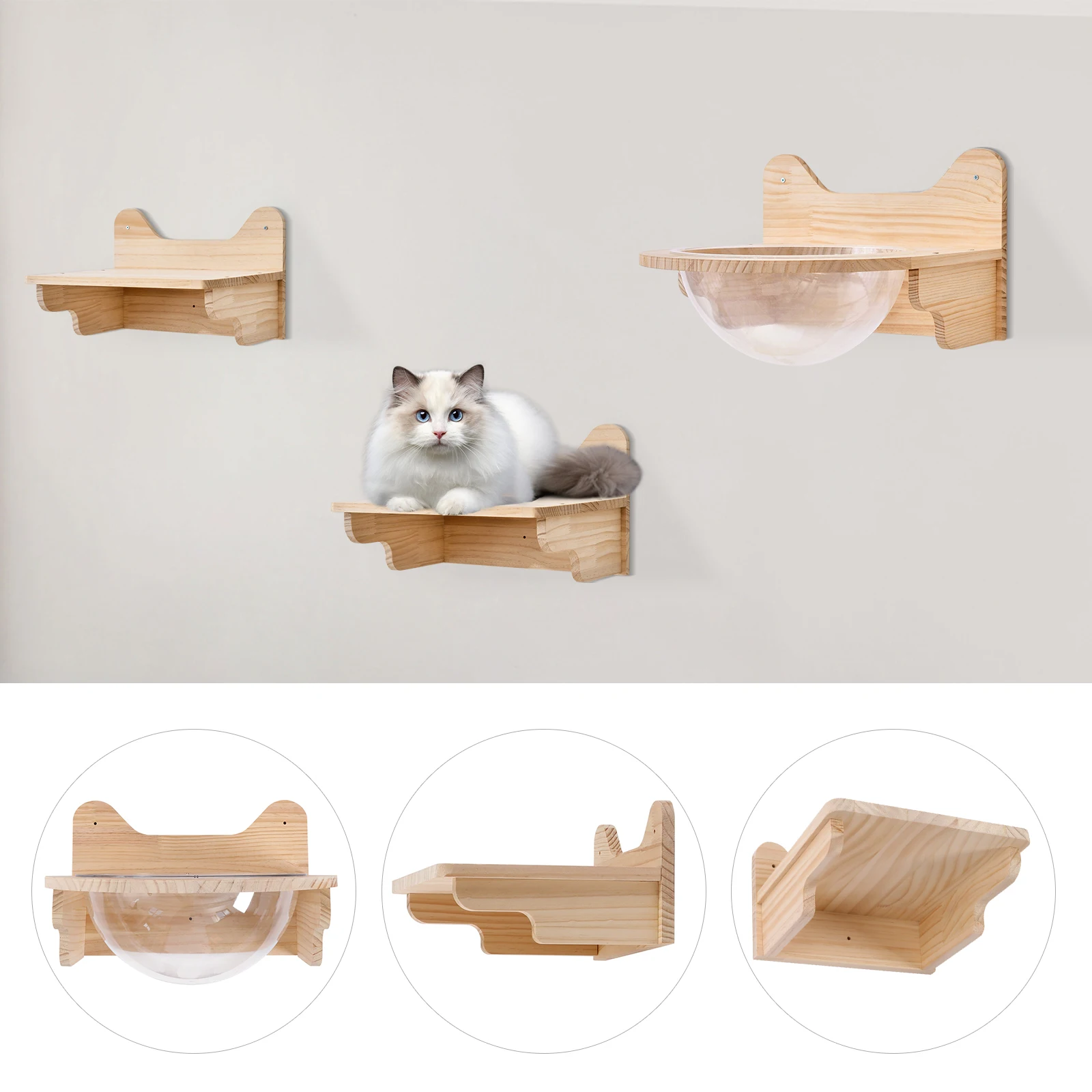 Zestaw łóżka dla kota do montażu na ścianie — sosna/akryl, 1 kapsuła dla kota + 2 platformy do skakania, udźwig 8 kg każda, kapsuła 40 cm dla kotów domowych