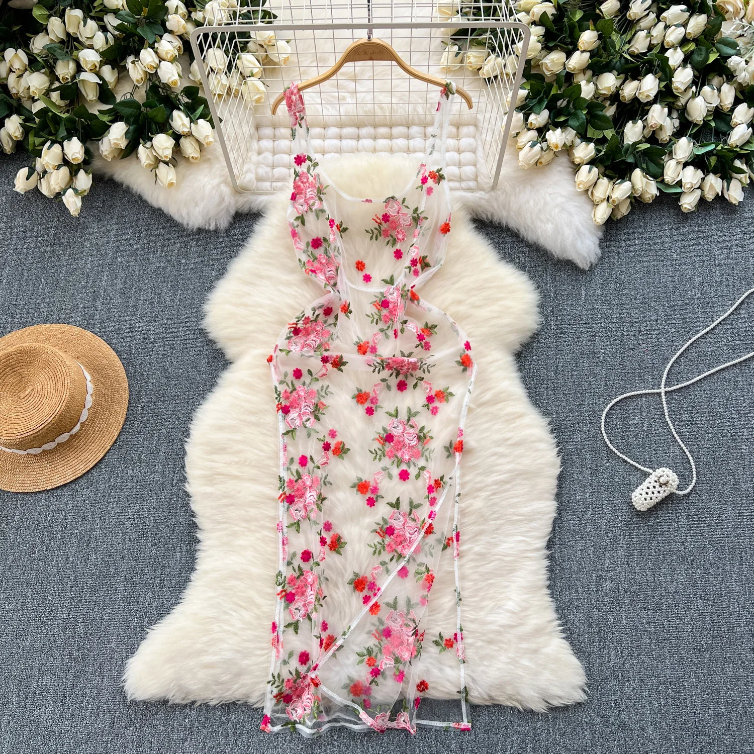 

Fashion Flower Embroidery Midi Dress Women Sexy Mesh See Through Slim Party Dresses Beach Holiday Bikini Cover Up Dress 2024