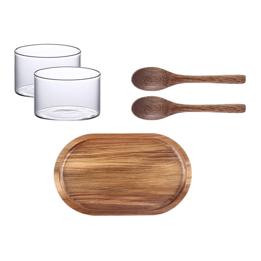 Acacia Wood Tray Food Serving Bread Pan Japanese Style Plate Wooden Breakfast Hotel with Spoons Cups