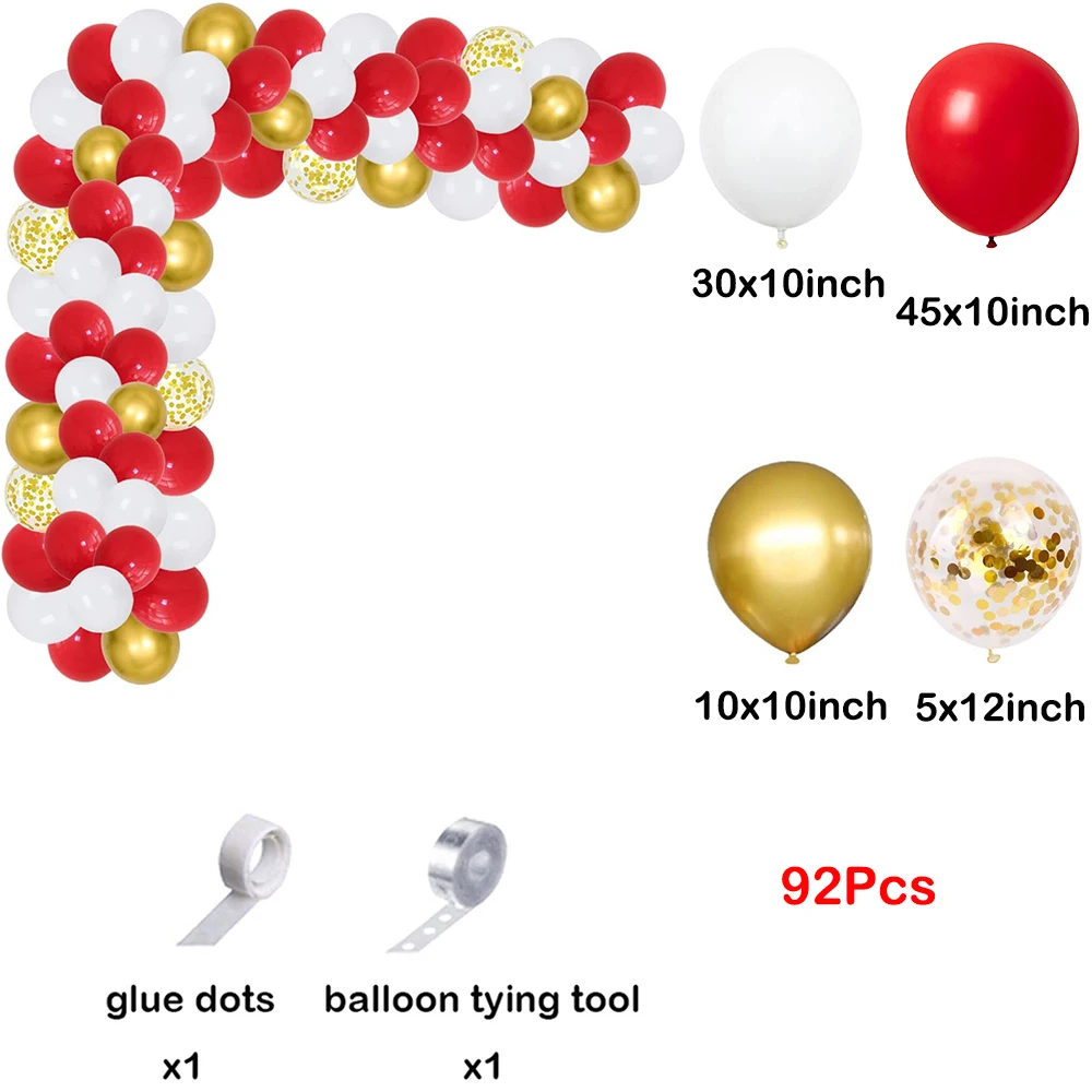 92Pcs Red White Balloon Garland Arch Kit Metallic Gold Confetti Latex Balloons Baby Shower Christmas Wedding Birthday Party Deco