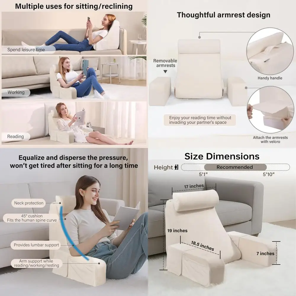 

19 Adjustable Backrest Pillow with Large Cushions, Washable Cover, Ideal for Bed, Reading, TV, Gaming, and Relaxing on Couch or