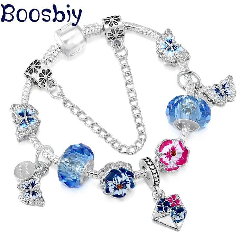 Flower Beads Charm Bracelet With Blue Butterfly Pansy Pendant Snake Chain For Women New Arrival Fashion Personality Jewelry Gift