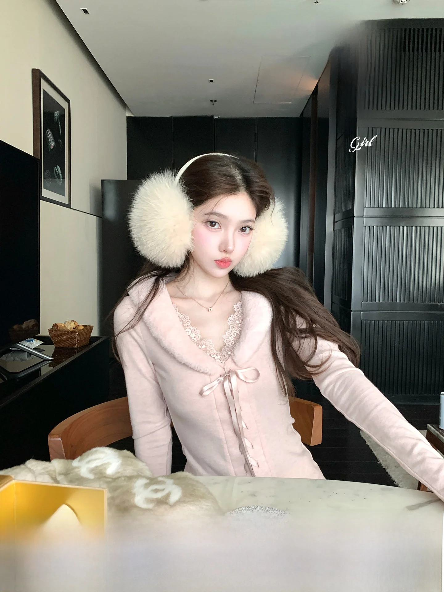 

Acaine Women's Knitted V-ne Lace Rabbit Fur Inner Wear Layering Slimming Top Ele Sle Long Sve Knot