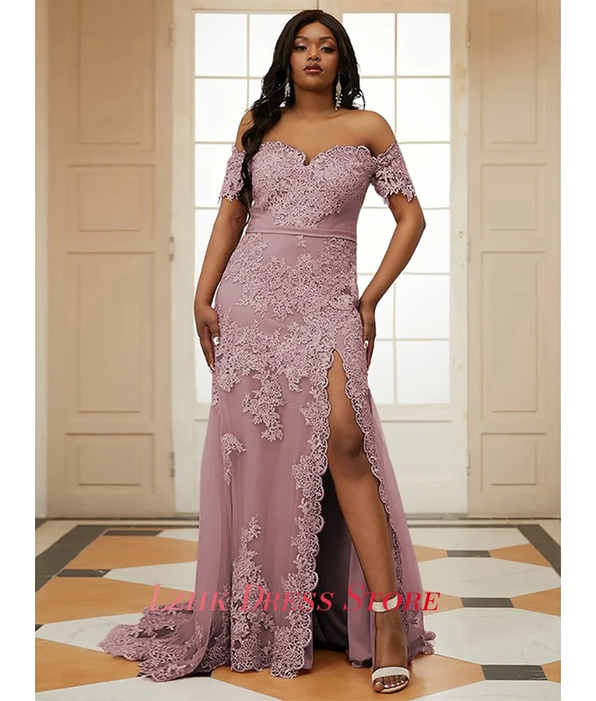 Personalizado temperamento organza sereia fora do ombro apliques vestido de noite sexy mangas curtas querida vestidos de festa