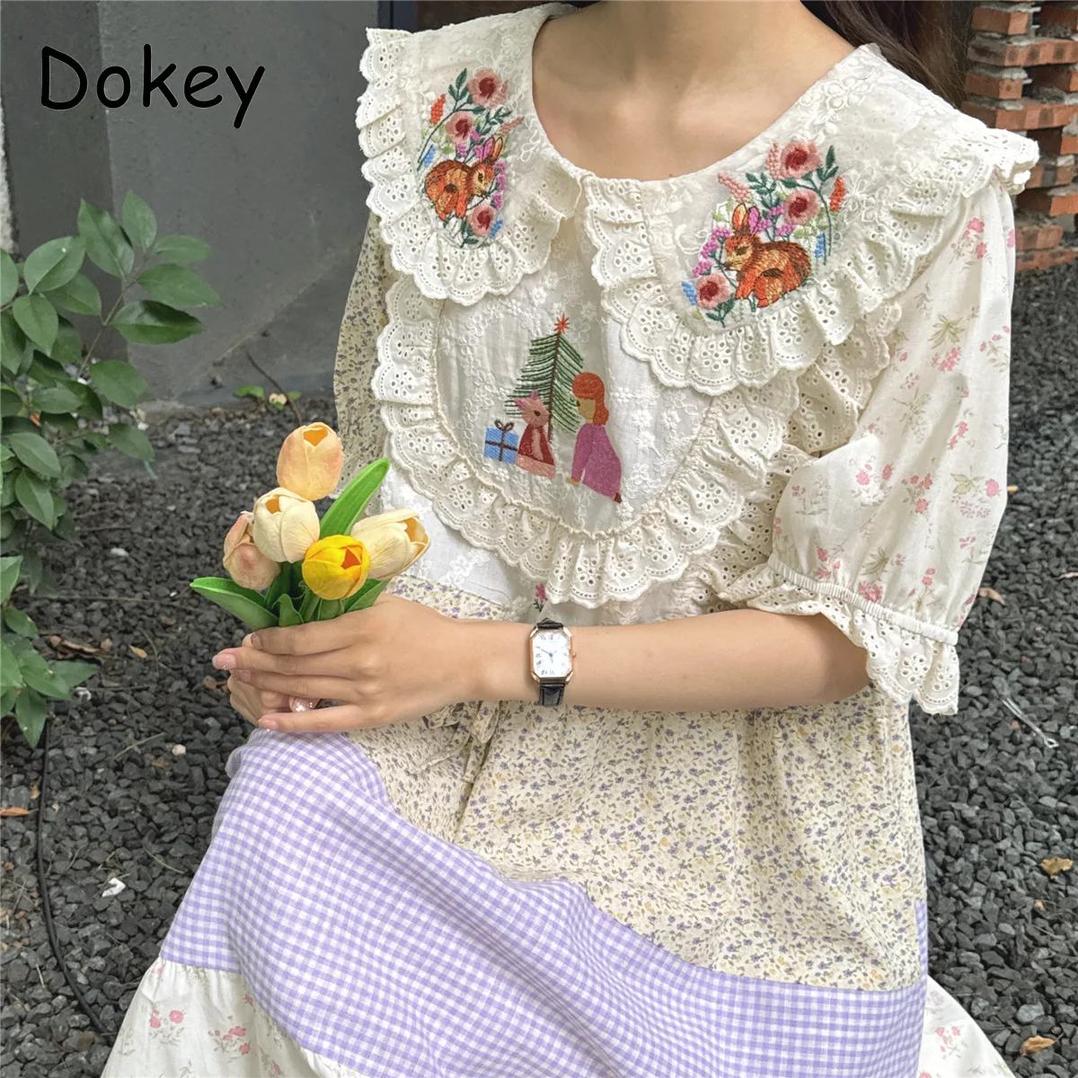 Mori Girl Embroidery Flower Print Dress Women Summer Japanese Lace Peter Pan Collar Patchwork Cotton Linen Dress Loose Vestidos