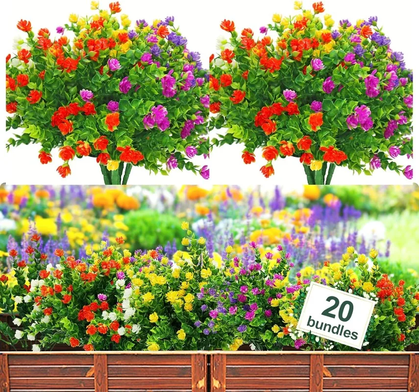 

20 Bundles Artificial Flowers Outdoor Fake Plants UV Resistant Greenery Shrubs for Hanging Planter Garden Porch Outside Decor