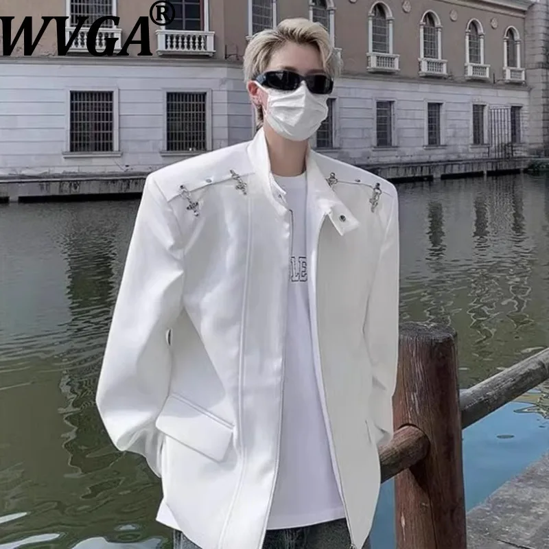 

WVGA Spring Autumn New Men Tide Metal Trendy Padded Shoulder Suit Coats Niche Chic Casual Turn-Down Collar Blazer Ins Y2K W15559