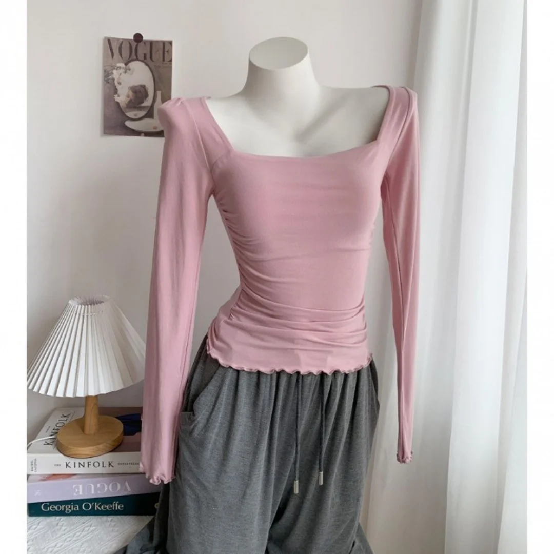 Women's Square Neck Ruched Long Sleeve Top Slim Fit Stretchy Y2K Casual Tee 2026 Spring Multiple Colors Women T Shirt Streetwear