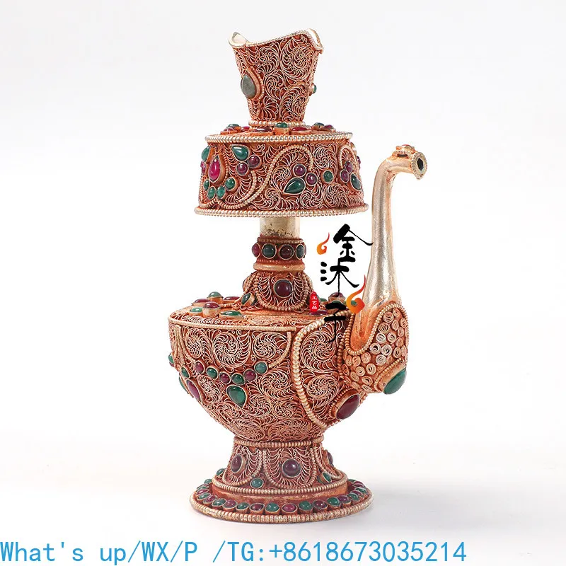 Handmade pure copper filament inlaid coral Wenba pot, Benba pot, water purification bottle, offering Buddha infusion magic tool