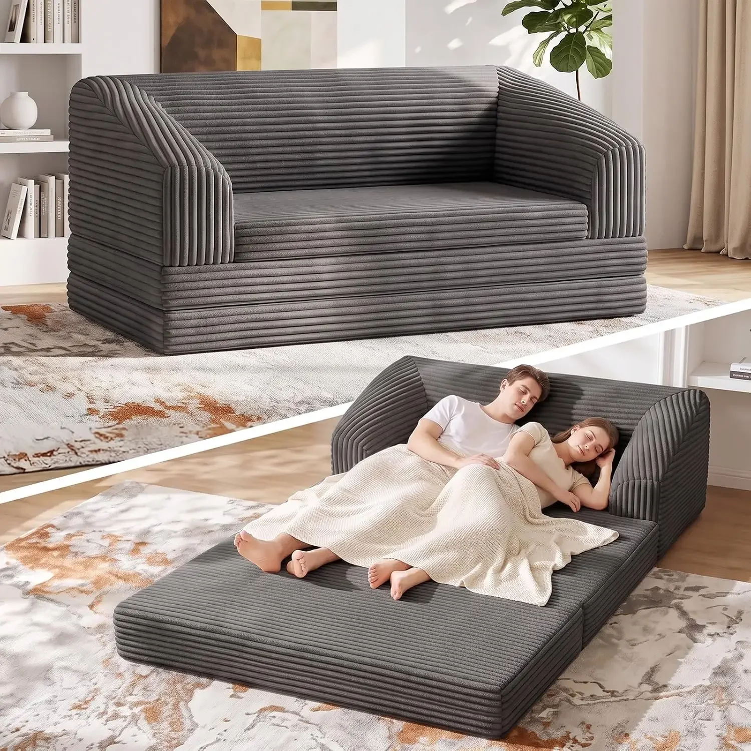 Convertible Sofa Bed, Boneless Loveseat Sleeper Folding Couch Bed with Backrest, 2 in 1 Bean Bag Chair to Floor Sofa Lounger, Co
