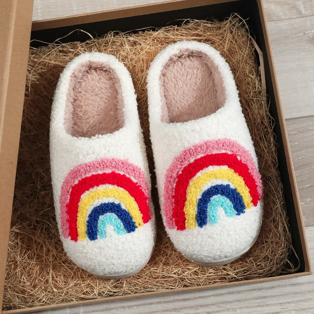 2026 Winter Rainbow Print Kids Girls Boys Home Slippers Indoor Soft Non-slip Couples Warm Plush Flat Slides Adults Lovely Shoes
