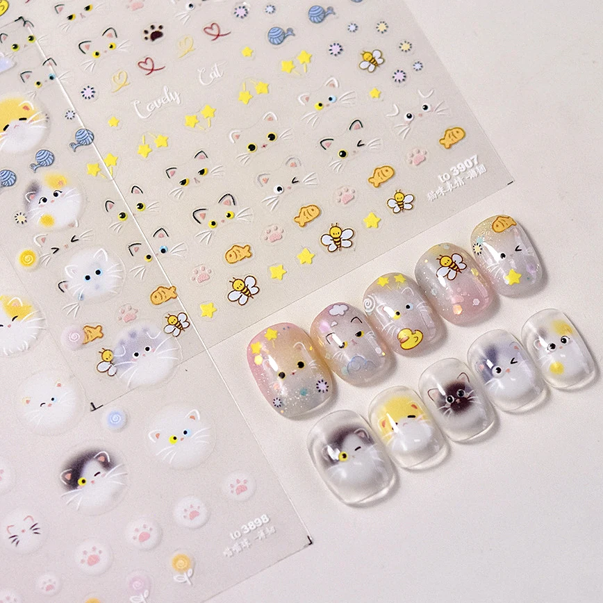 Graffiti Kitty Line Star Fish Duck Bee Cartoon Cat Claw Heart Halo Dyeing Soft Embossed Reliefs Nail Art Stickers Manicure Decal