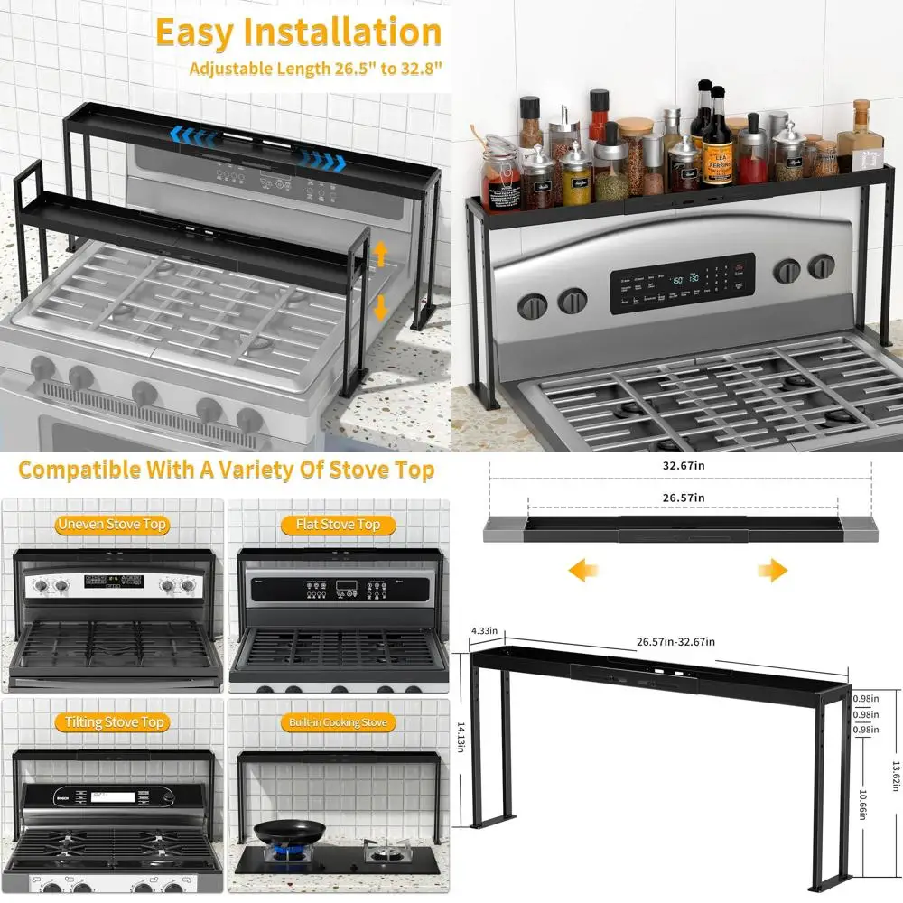 

Регулируемая кухонная полка для специй, 27–33 дюйма, 4-уровневый органайзер, совместимая с изогнутой печью, черная