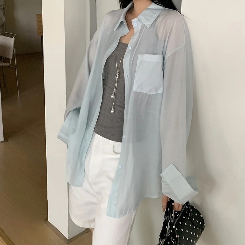 

Light blue long-sleeved sun protection shirt for women2025New Summer Casual Loose Shirt Thin Cardigan Top