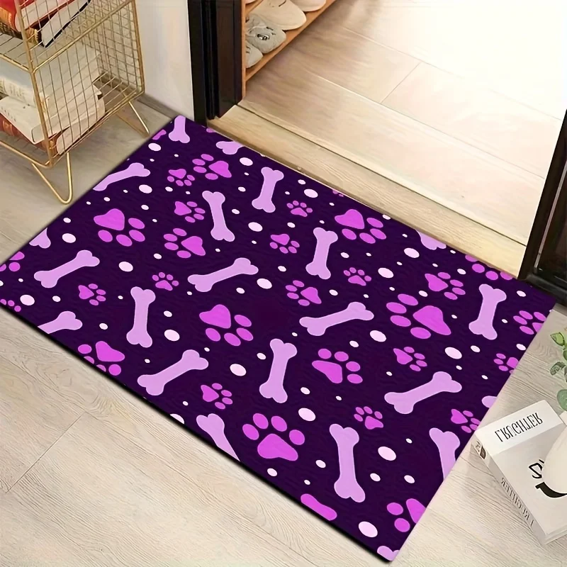 Purple Background Pink Dog Paw Bone Print Area Rug Non Slip Pet Floor Mat Entryway Doormat