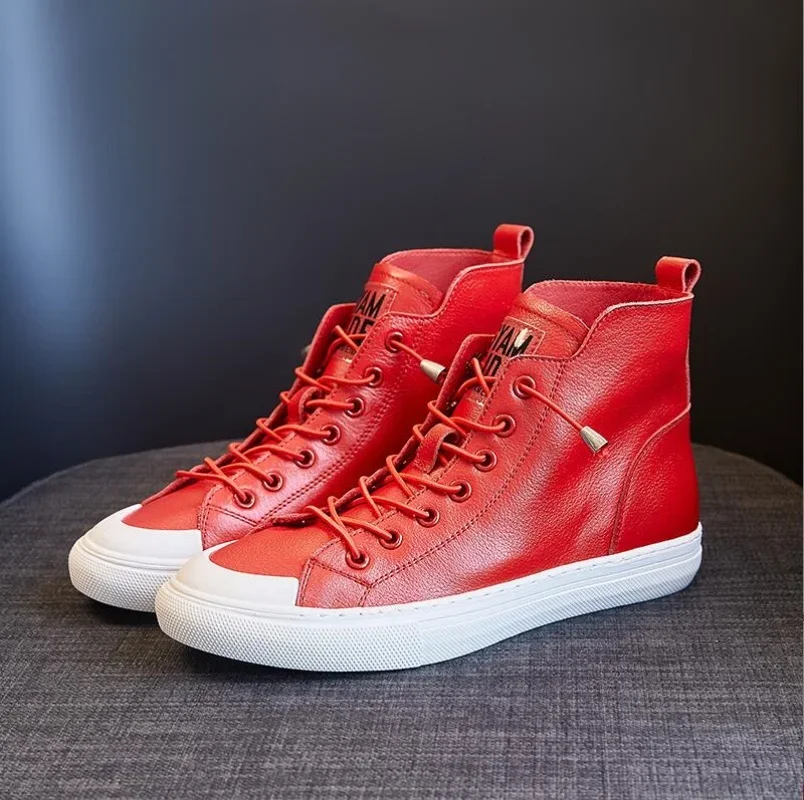 NEW High Quality Cowhide Leather Shoes Woman Shoes Casual Sneaker Trend Boots Flat Fashion Shoes Black White Red Boots image 4