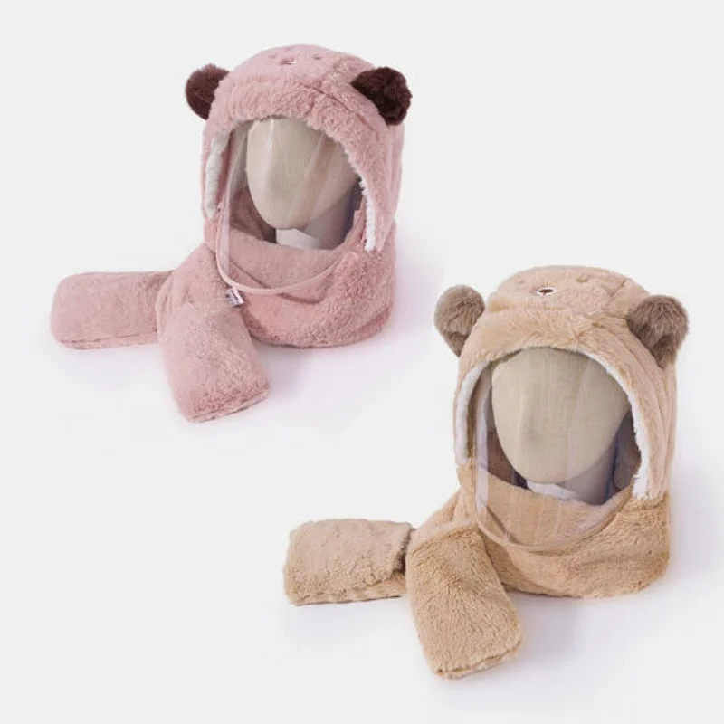 

Детская зимняя шапка с медвежьими ушками, шарф, маска, ветрозащитный плюшевый головной убор, теплая шапка для шеи на открытом воздухе