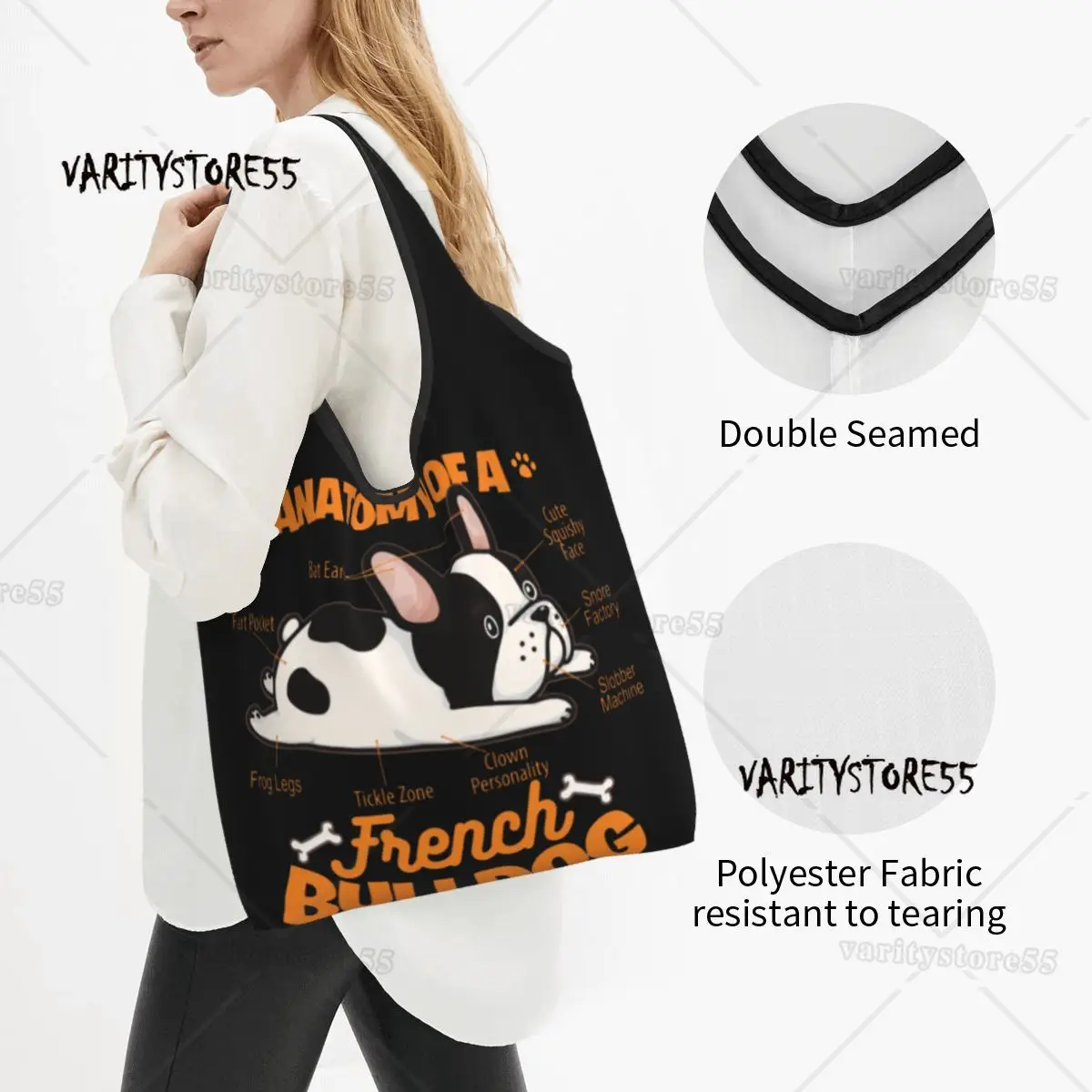 Reusable Anatomy Of A French Bulldog Funny Pet Frenchie Dog Grocery Bags Foldable Machine Washable Shopping Bags Storage Bag