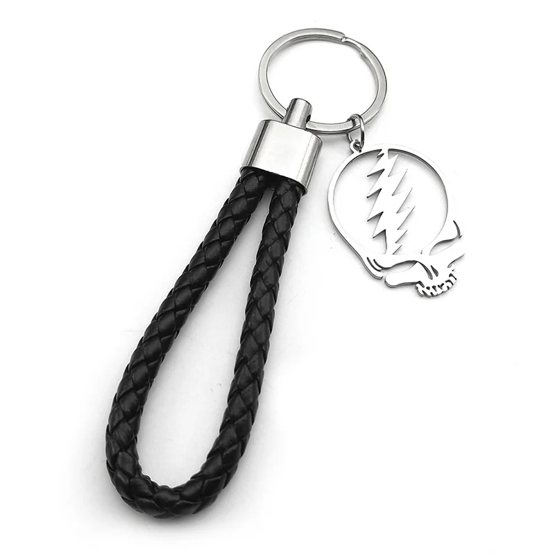 Dead Skull Music Band PU Leather Keychain Women Men Stainless Steel Key Ring Holder Bag Pendant Jewelry Gift K3169