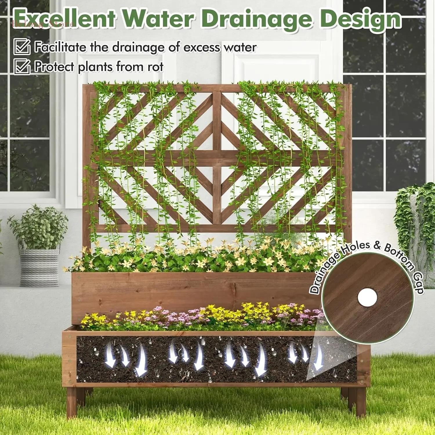 

[XMSJ]Raised Garden Bed with Trellis & 2 Planter Boxes, 2-Tier Outdoor Wooden Elevated Planter Box with Legs & Drainage Holes