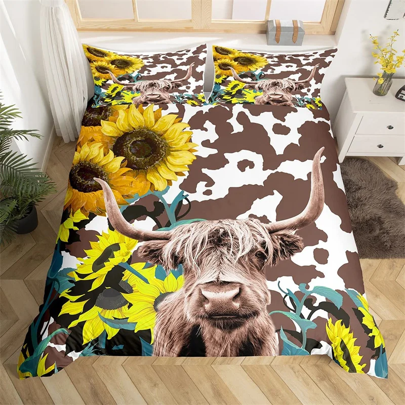 Highland Cow Bedding Set Polyester Bull Cattle Flowers Quilt Cover Western Wild Animal Duvet Cover Farmhouse Cow Bedspread Cover