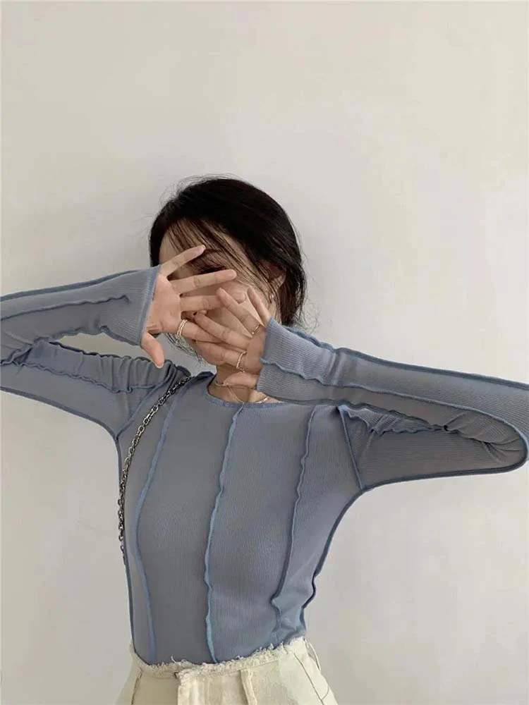 Long Sleeve T-shirts Women Spring Solid O-Neck Elegant Bright Line Decoration Slim Casual Soft High Quality Ladies Clothing Tees