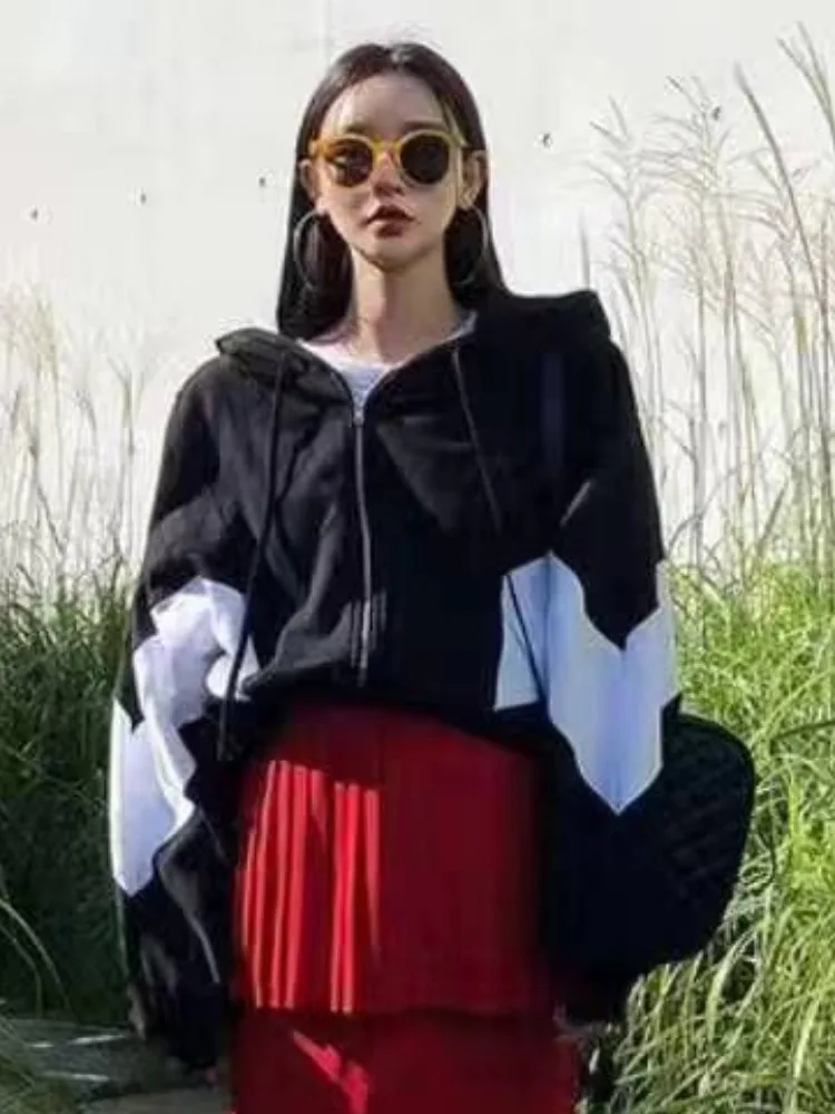 Kleur Blo Sports Sle Hoodie Jaet Dames Vintage Ele Losse Afslankende Rits Top Casual Comfortabele Lente Herfst