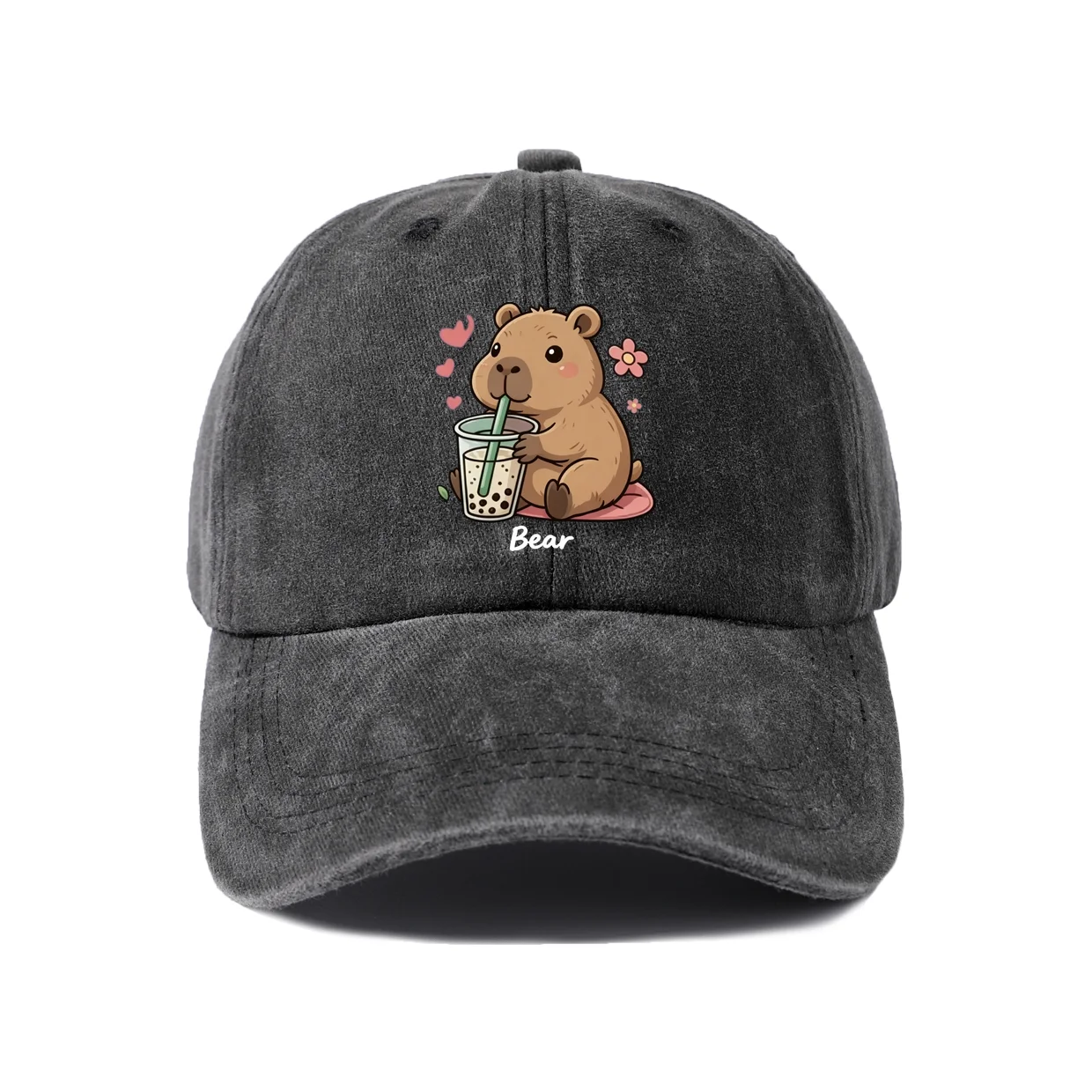 Vintage Washed Bear Bubble Tea Graphic Baseball Cap, Adjustable Unisex Dad Hat, Cute Boba Animal Lover Gift