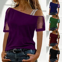 New diagonal neckline mesh off shoulder short sleeved T-shirt with a base, showcasing a fashionable attitude