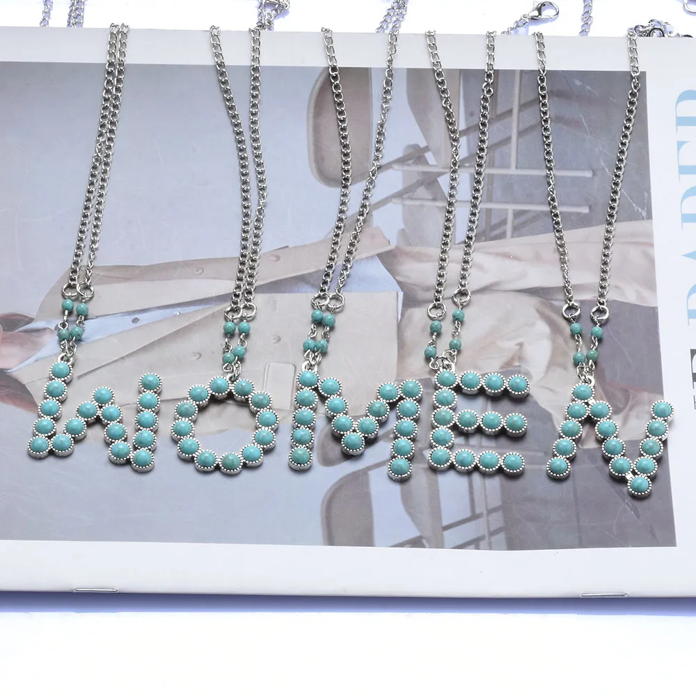 INITIAL NECKLACE Turquoise Colored Stones Jewelry Letter Necklace Monogram Birthday Turquoise Gift A-Z