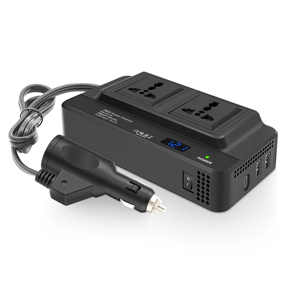 200W Car Inverter Multifunctional Adapter Socket 12V DC to 220V AC Auto Voltage Converter With 2 USB+Type-C Fast Charging
