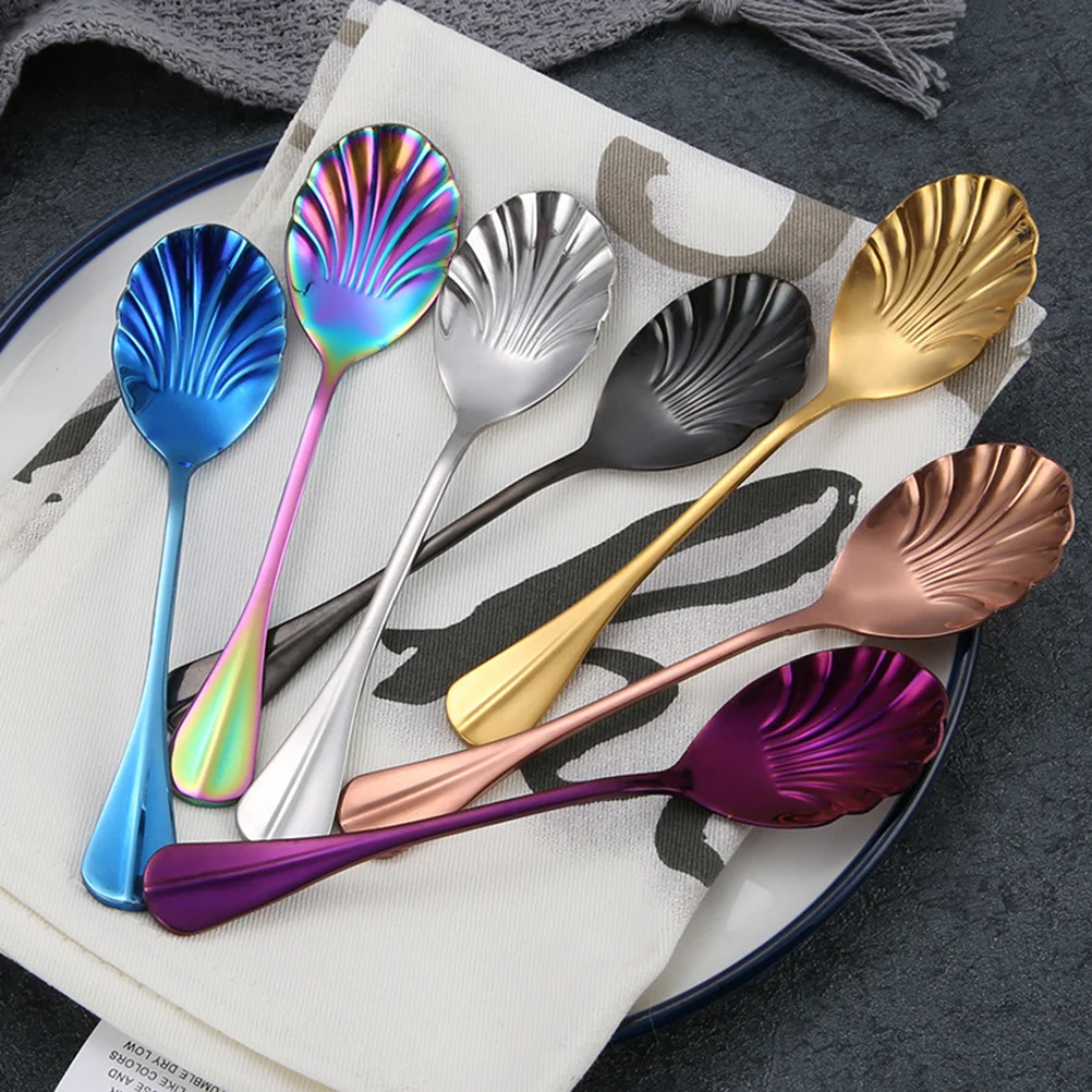 

7 Pcs Spoon Dessert Spoons Stainless Steel Ice Cream Coffee Seashell Kitchen Stirring