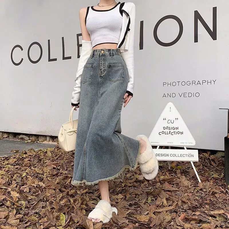 Xpqbb Women Retro Raw Edge Jean Long Skirt Autumn New High Waist Wild Fishtail Skirt Woman Korean Chic Streetwear Denim Skirts