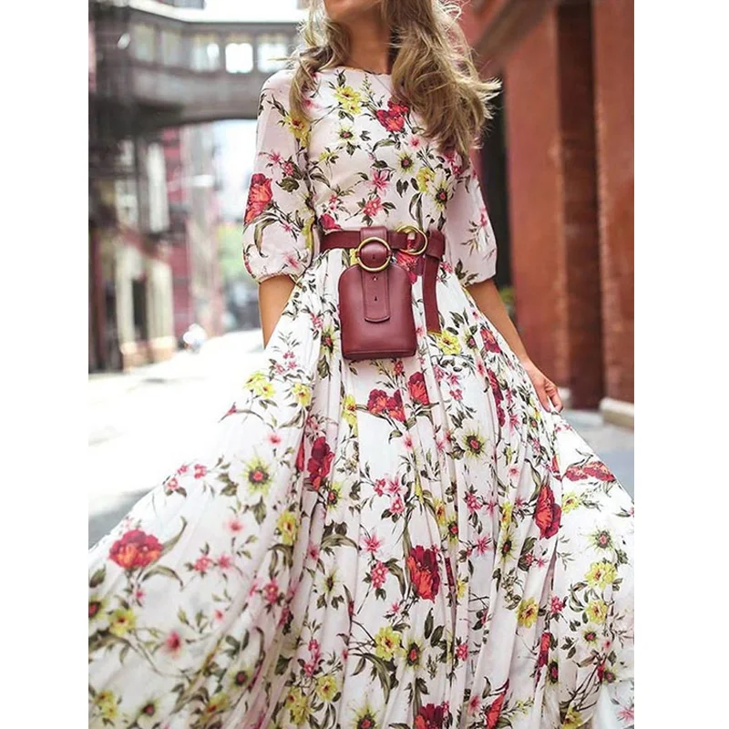 Fashion Loose Flower Print Dress Summer Casual Short Sleeve Dress Floral Chiffon Bohemian Dress Women Robe Elegant Clothes 26661