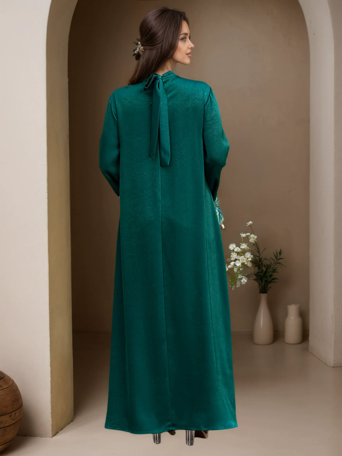 فستان مسلم المملكة العربية السعودية دبي للسيدات بياقة واقفة وأكمام طويلة مخيط يدويًا من الألماس عباية فستان سهرة جديد