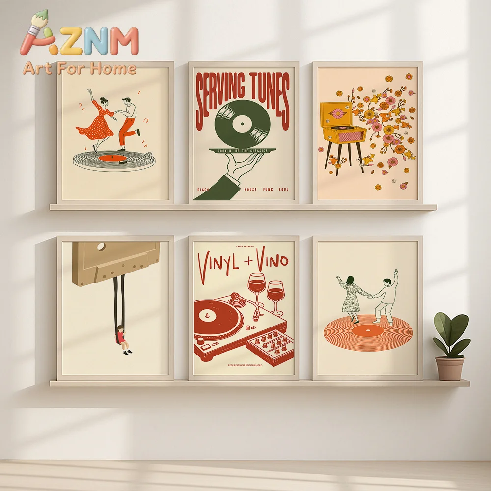 1pc Vintage Music Canvas Poster Unframed Retro Turntable Cassette Floral Art Print Wall Decor for Living Room Bedroom Home Decor