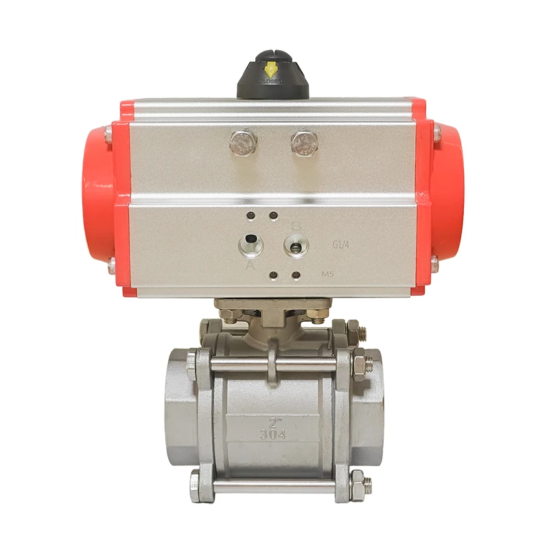 1/2" 3/4" 1" 2" dreiteiliger pneumatischer Kugelhahn mit hoher Plattform, Edelstahl-Innengewinde Q614F-16P, doppeltwirkend – Detail 1