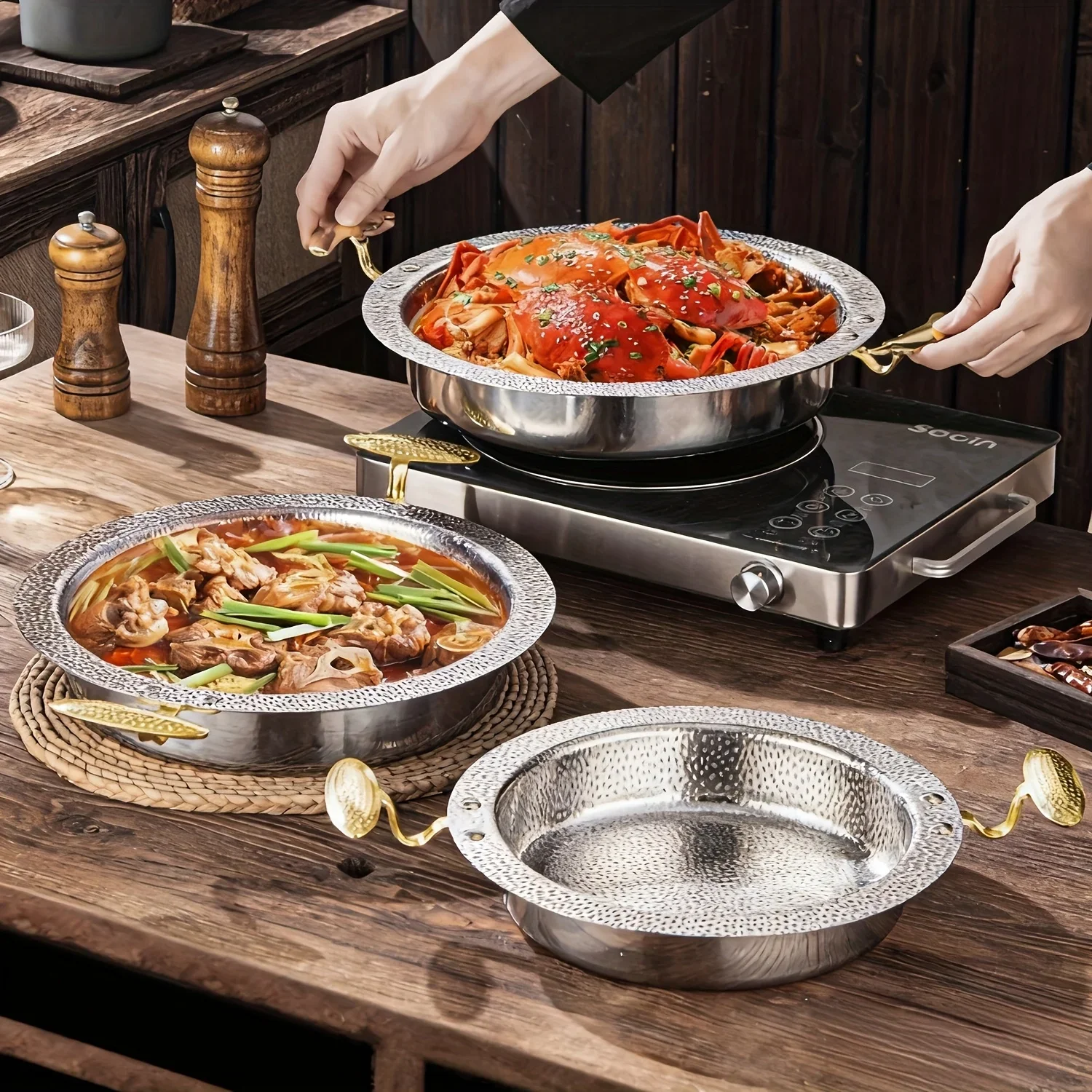 Stainless Steel Pot 24cm, Handles, Non-Stick Hammer Texture, Compatible with Induction and Gas Stoves, Ideal for Home