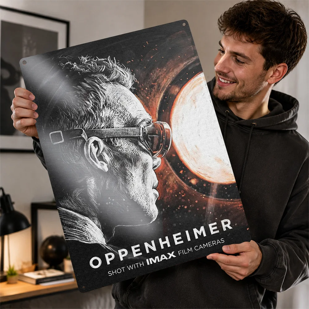Oppenheimer IMAX Camera Portrait Textured Poster Personalized Aluminum Metal Sign Cosmic Screen Style Wall Art Media Room Decor