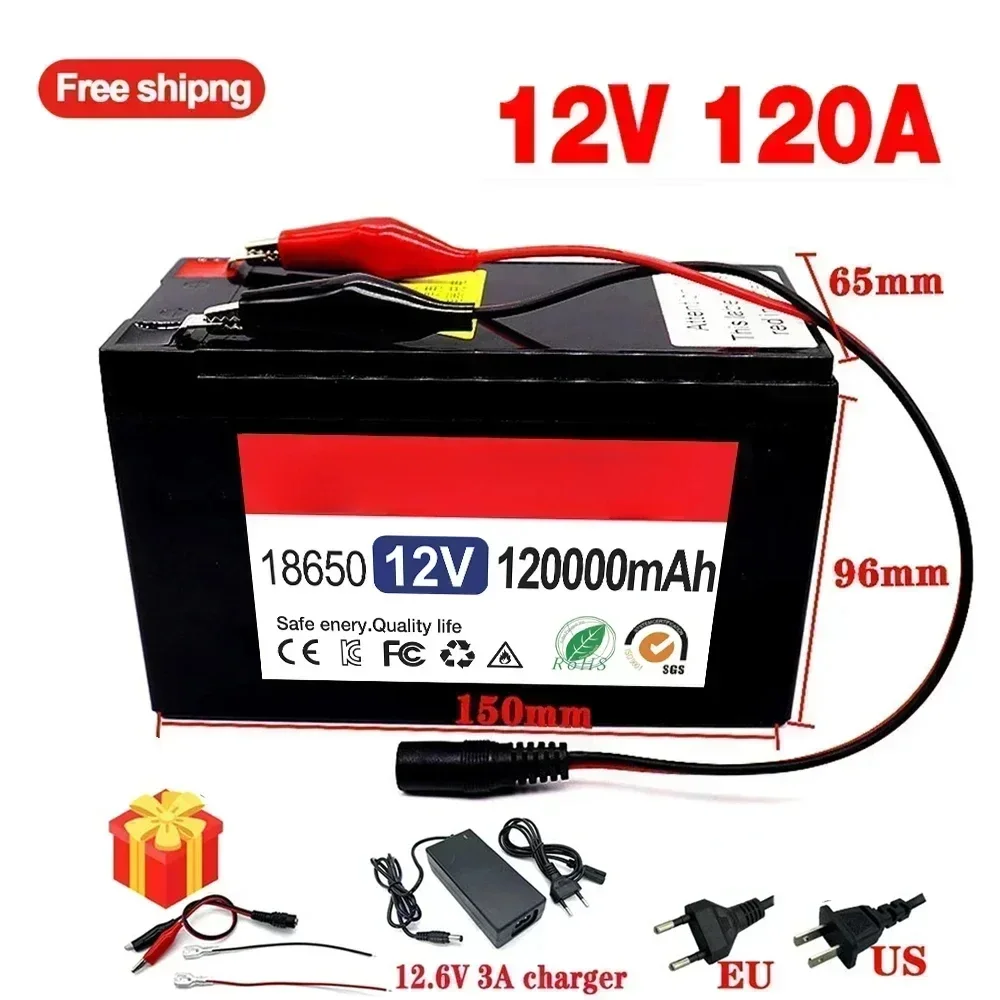 12V 120Ah 18650 lithium battery for Solar Panels 30A  built-in high current BMS electric vehicle battery +12.6V charger