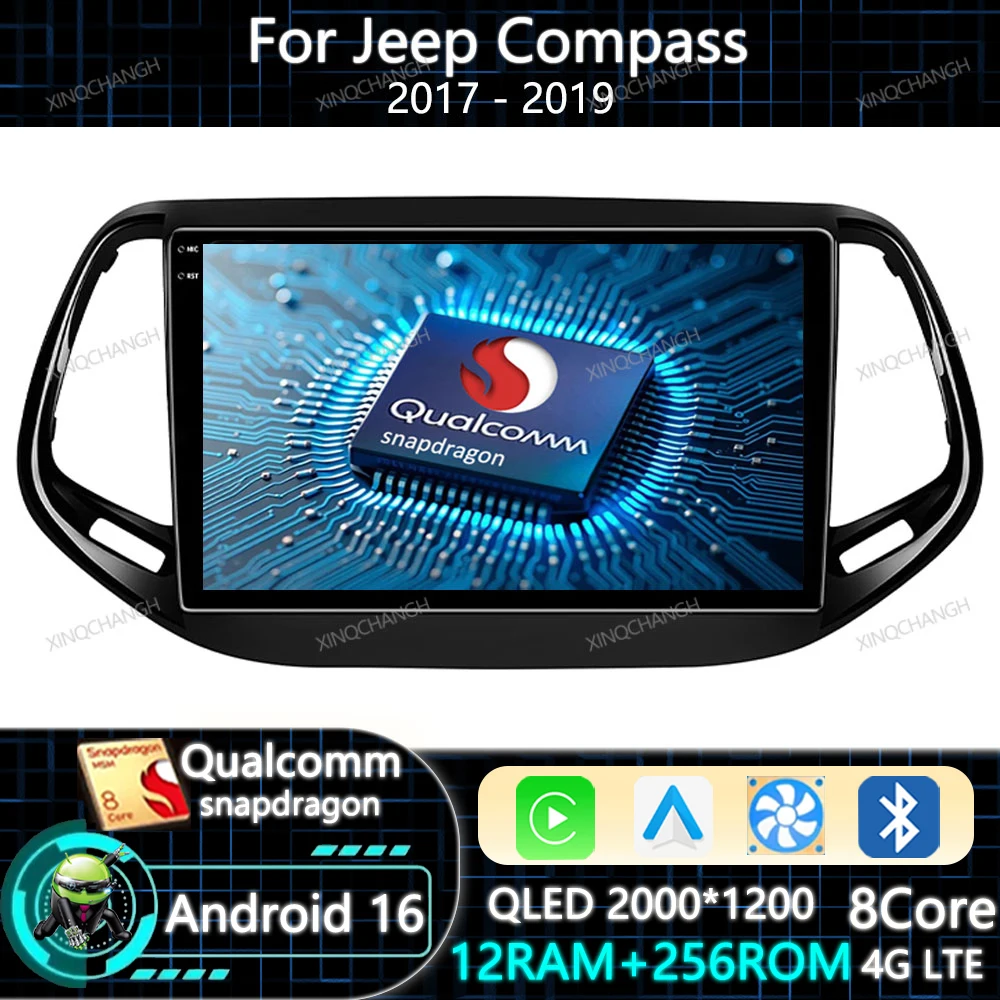 Android 16 Car Radio For Jeep Compass 2017 2018 2019 Carplay Auto 4G WIFI Multimedia Stereo Video Player 2DIN GPS QLED Head Unit