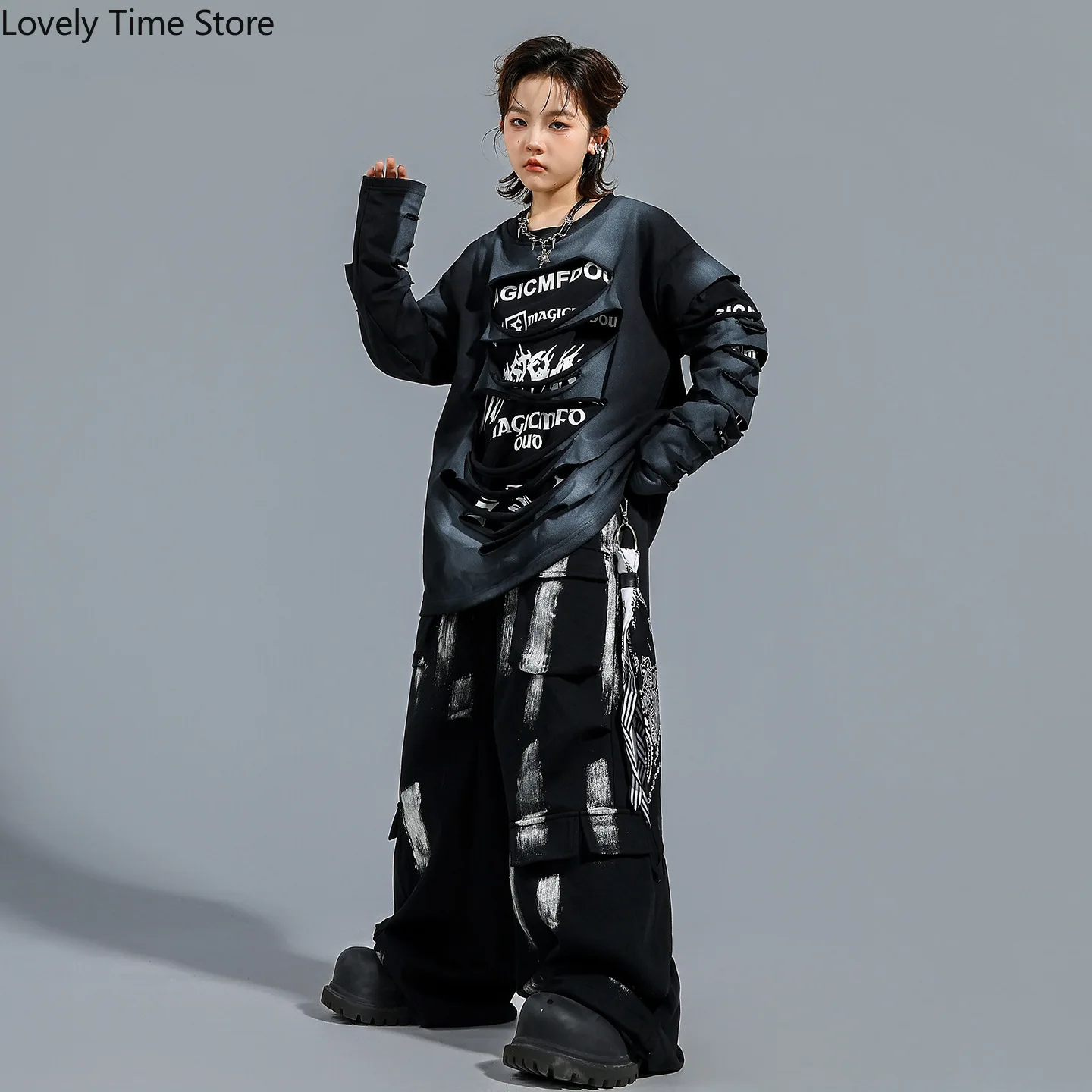 Boys K-pop Cool Ripped Sweatshirt Street Dance Graffiti Cargo Pants Girls Hip Hop Costume Kids Streetwear Child Jazz Clothes Set