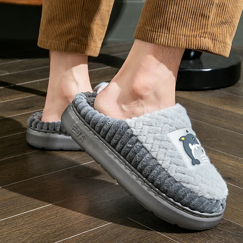 2027 Man's Indoor Slippers Fur Home Cotton Flip Flops Warm Plush Man Bedroom Fur Shoes Plus Size 50-51 Men Winter Slippers