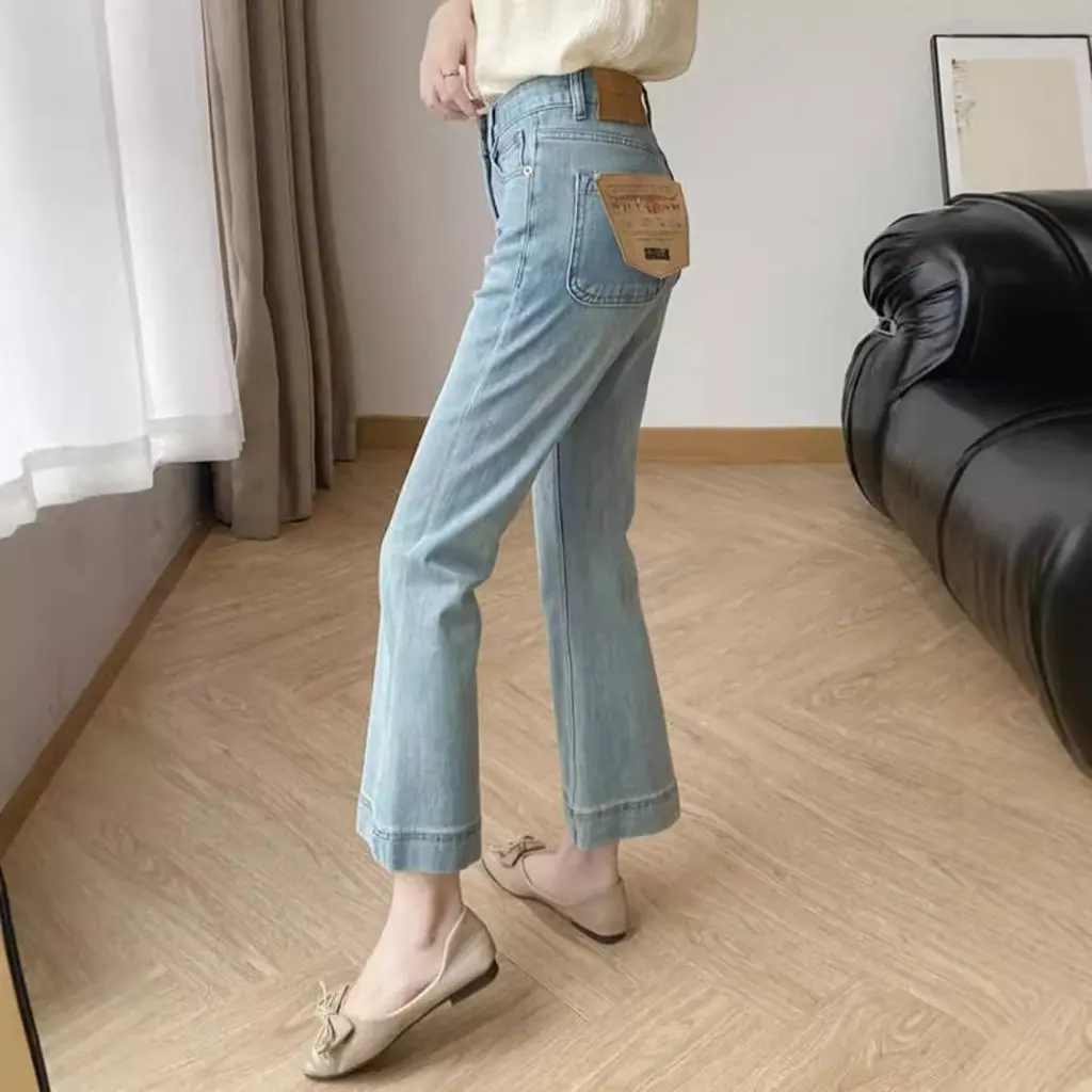 

Light Blue Micro-Blare Jeans for Women Elastic Thin Four-Sided Fit Summer plus Size Ice Silk Small Straight Pants