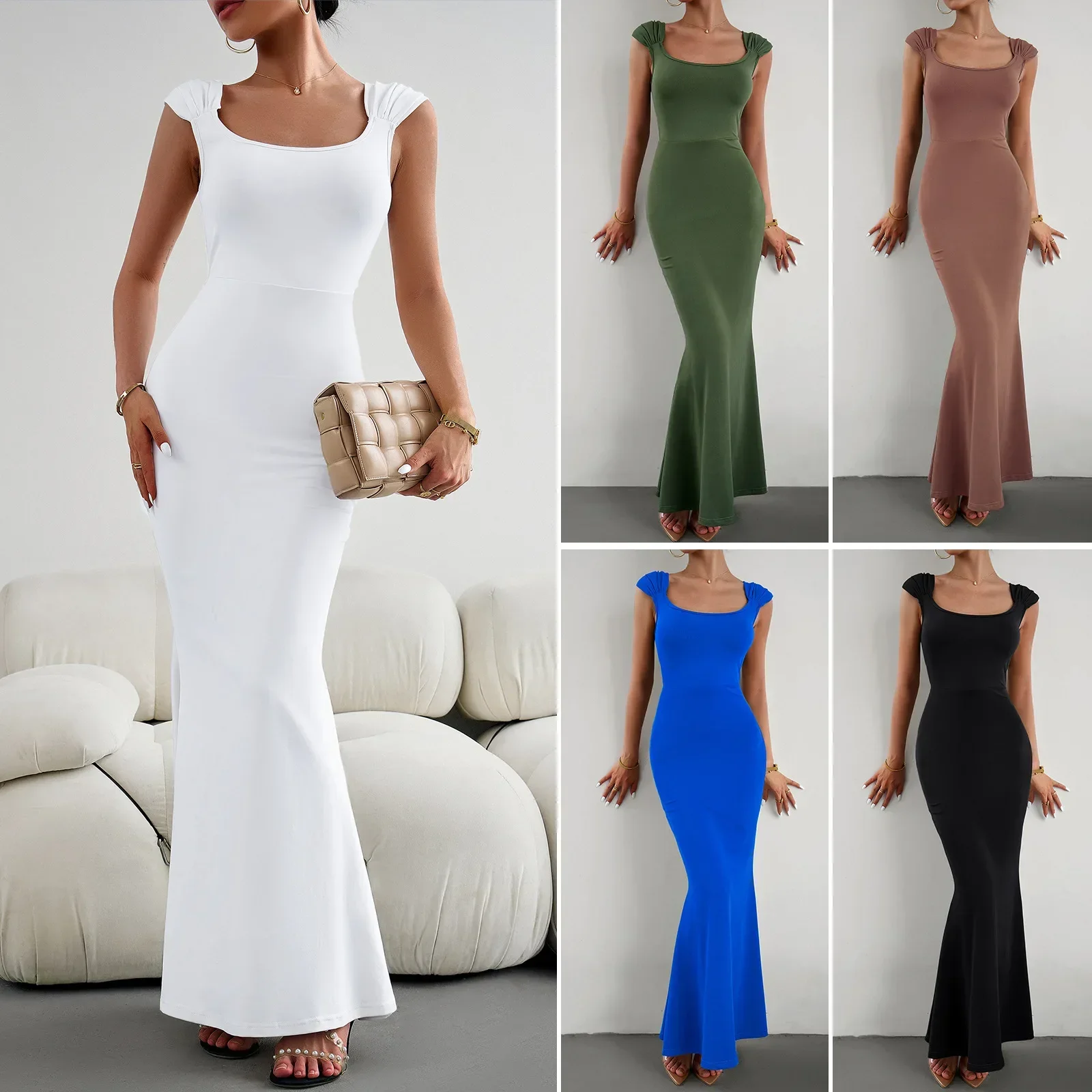 Explosive New Summer Sexy Elegant Evening Party Dresses Fashion Summer Casual Slim Fit Sexy Square Neck Knitted Fishtail Dress