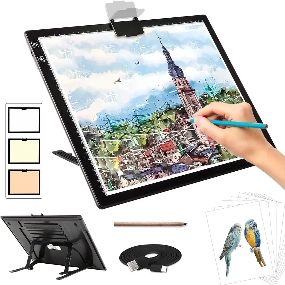 

Adjustable Brightness A3 LED Light Pad for Artwork, Crafting, and Sketching with Stand and Clip