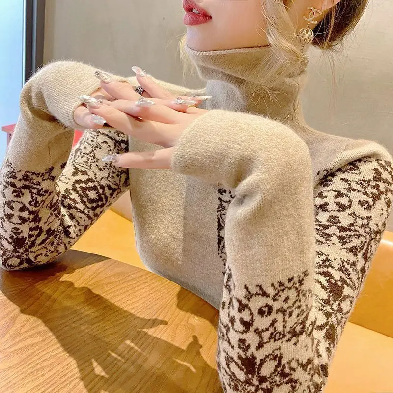 High Neck Sweater Women's Base Sweaterautumn and Winter Fashionable New Style Leopard Print Splicing Slim Fit Inner Knit Sweater